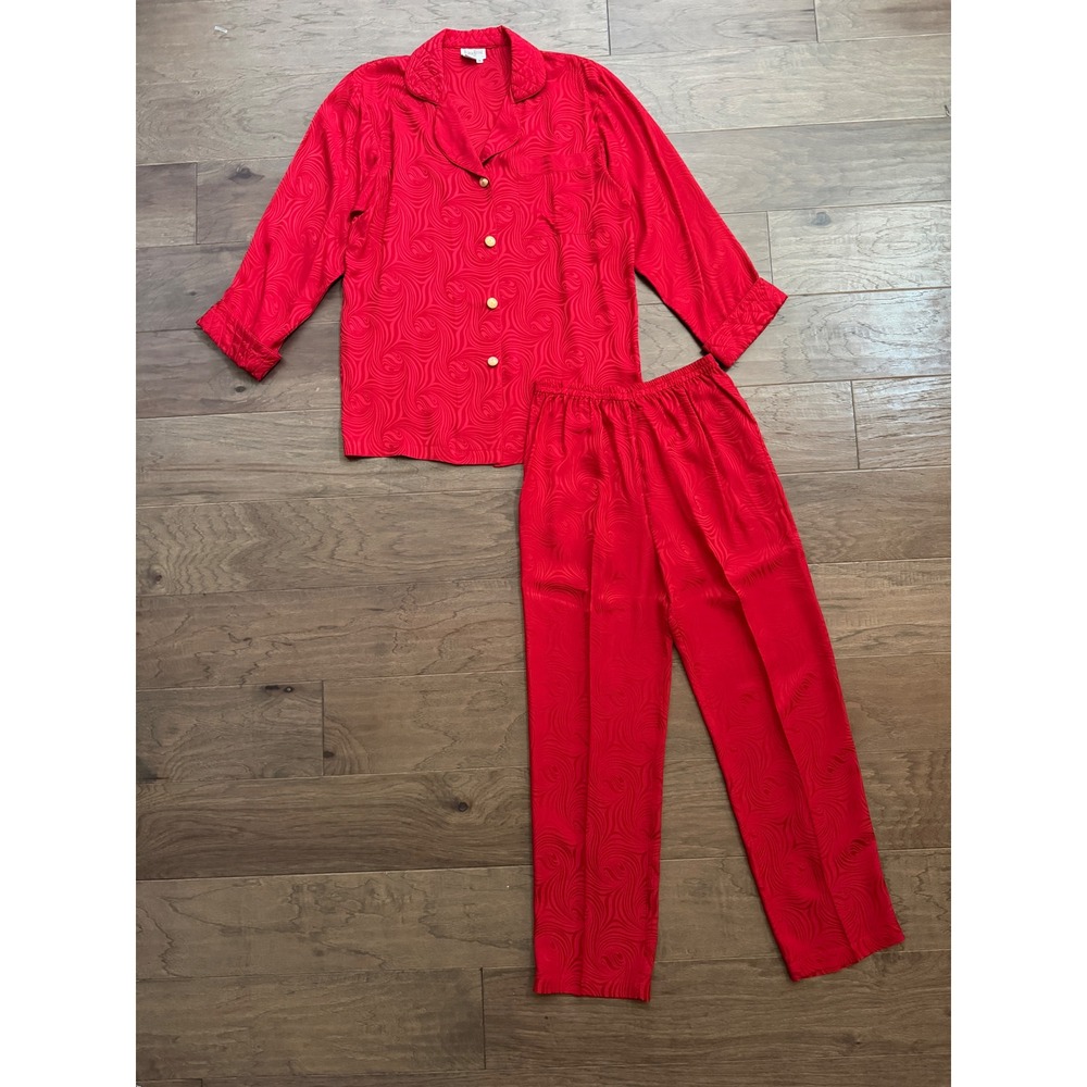 Vintage Neiman Marcus Pajama Set Women M Red Silk Jacquard Luxury Sleepwear